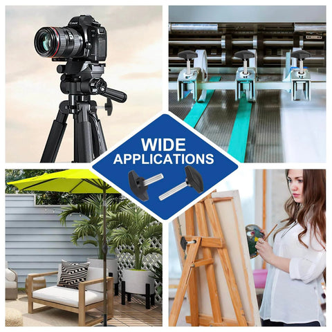 Collage showing M6 20mm Thumb Screws With T Handle Wing Knobs used on a tripod, machinery, outdoor furniture, and an easel.