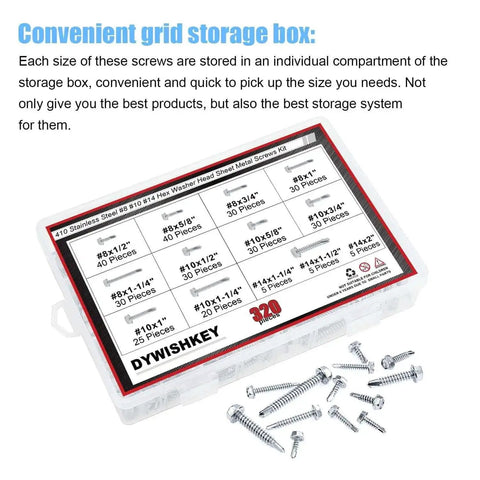 320 Piece 410 Stainless Steel Hex Washer Head Self Drilling Sheet Metal Screws Assortment Kit in grid storage box with loose screws