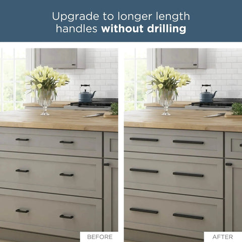Before and after of kitchen cabinets with installed Champagne Bronze Cabinet Handles 5 Pack Adjustable Drawer Pulls