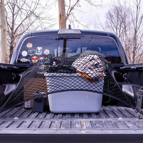 Elastic Cargo Net For Truck Bed And SUV Keeps Lightweight Loads In Place Without Tying Simple Mesh Organizer Fits All Trucks Vans ATVs UTVs SUVs From 4x4 To 7x7 Feet Black securing items in a truck bed.