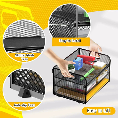 Three Tier Paper Organizer Tray With Handle Mesh Letter Tray for office and school, featuring sliding mesh tray and anti-slip feet.