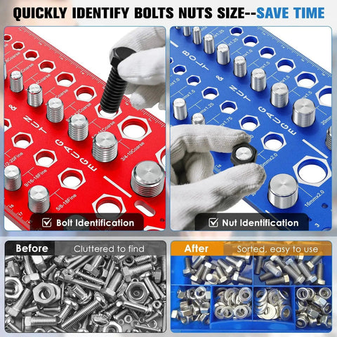 All In One Nut And Bolt Thread Checker Gauge With Standard And Metric Sizes 68 Thread Sizes Includes 26 SAE And 26 Metric And 16 Drill Bit Gauges Bolt And Nut Identifier Finder For Quick Size Identification In Garage Workshop Or Home Repairs - tool set showing bolt and nut identification on red and blue gauges.