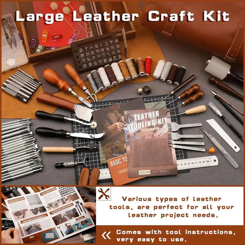 All In One Leather Tooling Kit With Cutting And Engraving Mats For Leatherworking Pro Grade Tools For Handbag Making Including Punching Stamping Sewing Sanding And Craft Supplies For Handicraft Projects displayed with tools and mats.