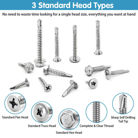 410 Stainless Steel Self Tapping Screws For Metal, Size 8 And Size 10 Self Drilling Assortment Set, various head types shown
