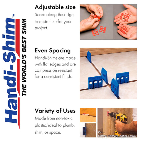 Collage of Handi-Shims showing adjustable plastic spacers for DIY projects, ideal for plumbing, masonry, and leveling.