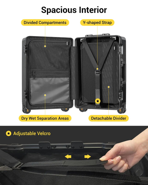 Zipperless Carry On Luggage With Aluminum Frame And Hard Shell Airline Approved 20 Inch Black Spinner Suitcase interior compartments