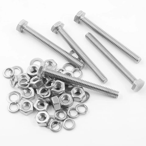 Nuts And Bolts Set 1/4-20 By 2-1/2 Inch Stainless Steel With Hex Nuts And Flat And Lock Washers displayed on white background.