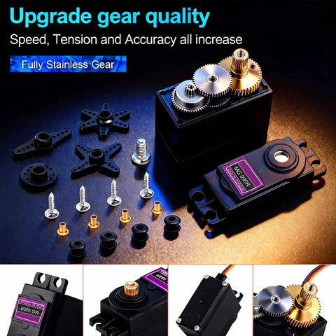 MG996R Servo Motor Upgrade with 55G Metal Gear Torque Digital RC Servo components and gears displayed, compatible with SCX24 MG90S.