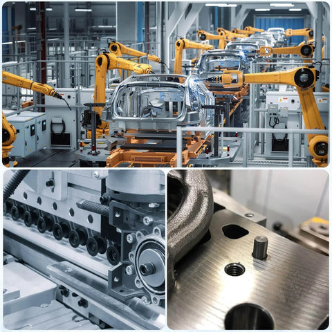 Automated assembly line, machinery close-up, and dowel pin installed in metal surface, showcasing manufacturing process.