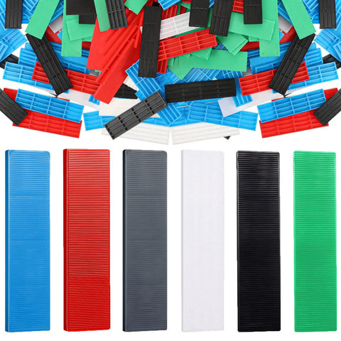 300 Piece Plastic Flat Shims for Leveling Tiles and Cabinets in 6 Colors Green Black White Grey Blue Red 3/64 5/64 1/8 5/32 13/64 15/64 Inch Range for Quick, Precise Adjustments displayed in assorted colors and sizes.