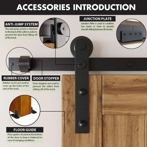 Close-up of accessories for Black Rustic Non Bypass Sliding Barn Door Hardware Kit For Double Doors 7.5 Ft Flat Track With Straight Rollers Heavy Duty Steel Interior Use Only Doors Not Included Built To Last With Smooth Quiet Easy Gliding