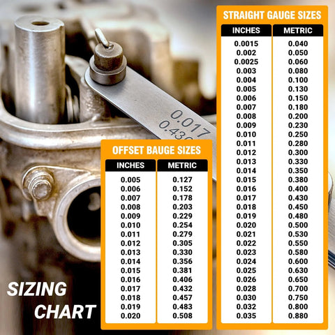 Sizing chart with two piece stainless steel feeler gauges set for valves and spark plug gaps SAE and metric.