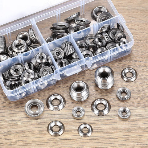 Finish washers set, stainless steel cup countersunk washers, #6–#12, 300 pcs in clear plastic organizer box