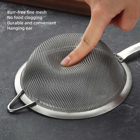 Close-up of 304 Stainless Steel Fine Mesh Strainer With Handle Skimmer highlighting burr-free mesh and convenient hanging ear.
