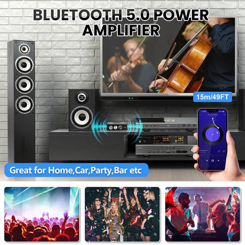 Living room setup with 2.0 Channel Bluetooth 5.0 Power Amplifier Board With Dual TDA7498E Chips, TV, floor speakers, and smartphone control