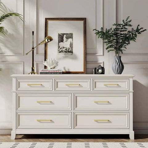 White dresser with 5 Pack 8 Inch Brushed Gold Cabinet Handles Center To Center Drawer Pulls in a modern bedroom setting