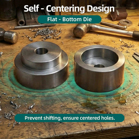 Coin Ring Making Kit With Four Piece Punch And Die Set Self-Centering Metal Hole Punch Tool Kit on workshop table