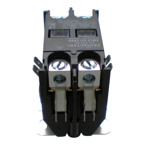 Front view of 2 Pole 32 Amp Heavy Duty AC Contactor with 24 Volt Coil, UL Listed, enclosed contacts, heavy lug terminals.