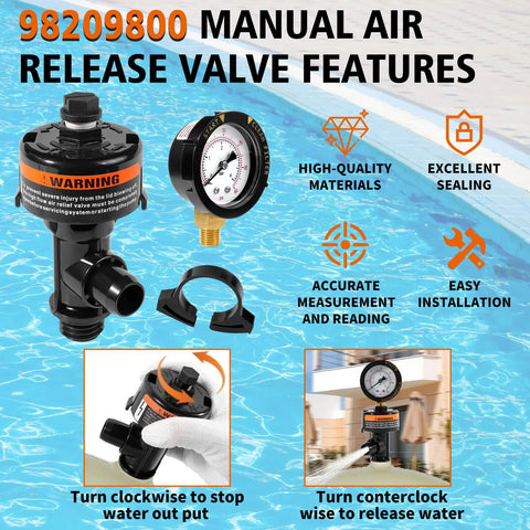 Manual air relief valve assembly with pool filter pressure gauge; black plastic body and brass threaded fitting