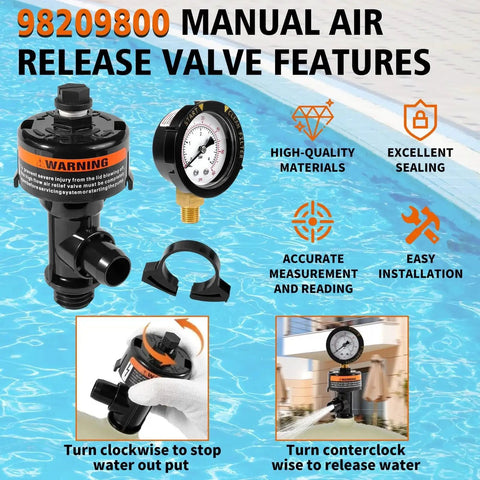 Manual Air Relief Valve Assembly With Pool Filter Pressure Gauge Replacement Fits Pentair FNS Clean And Clear Quad De 4000 Series CC50 To CC200 CCP240 To CCP520 SM SMBW O Ring Sealed For Easy Install shown by poolside