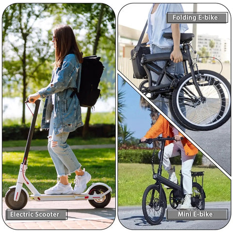 Collage of electric scooter, folding e-bike, and mini e-bike.