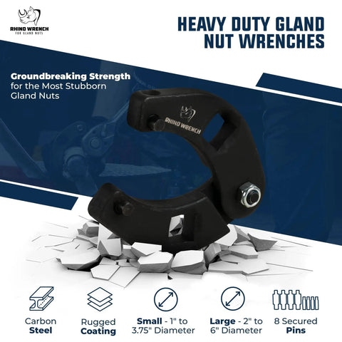 Heavy duty gland nut wrench on rocks, features for hydraulic cylinder spanners, small 1"-3.75" and large 2"-6" wrenches.
