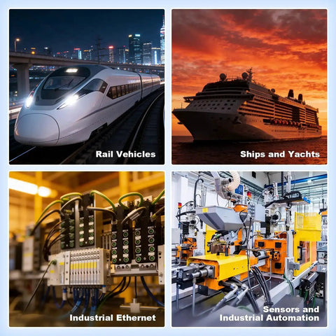 Collage of rail vehicle, ship, industrial ethernet setup, and industrial automation machinery