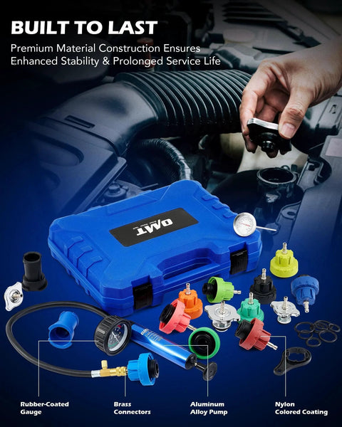 Complete 19 Piece All In One Coolant Pressure Tester Kit With 15 Adapters, Vacuum Pump, Probe Thermometer And Wrench for car engine.