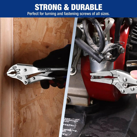 2-Piece Locking Pliers Set With 6.5 Inch Long Nose And 10 Inch Curved Jaw For Boss Grip in use on wood and metal surfaces