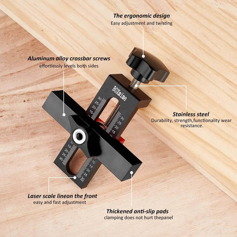 Cabinet Door Mounting Jig With Adjustable Positioner And Drill Jig 2-In-1 Cabinet Hardware Tool showing aluminum and stainless steel features