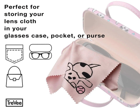 Pink microfiber cleaning cloth with dog design inside glasses case. Microfiber Cleaning Cloths 10 Pack For Screens Eyeglasses And Phones Dog Design.
