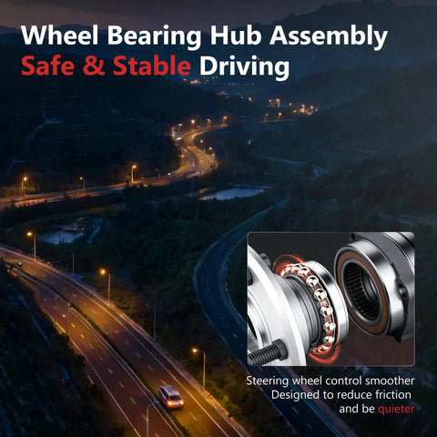 Two Piece Rear Wheel Bearing Hub Assembly Fits Audi Q3 And TT Plus VW Arteon Beetle CC Eos Golf GTI Jetta Passat Tiguan Limited 5 Lug ABS Direct Fit Replacement With ABS Sensor Included For Smooth Rotation And Long Lasting Durability shown in a feature highlight overlay on a winding road background