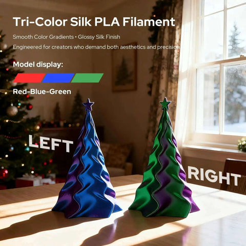 Tri-Color Silk PLA filament models in red, blue, green on table, showcasing Triple Color Gradient Silk PLA Filament 1.75mm For Ender 3 V2 And More.