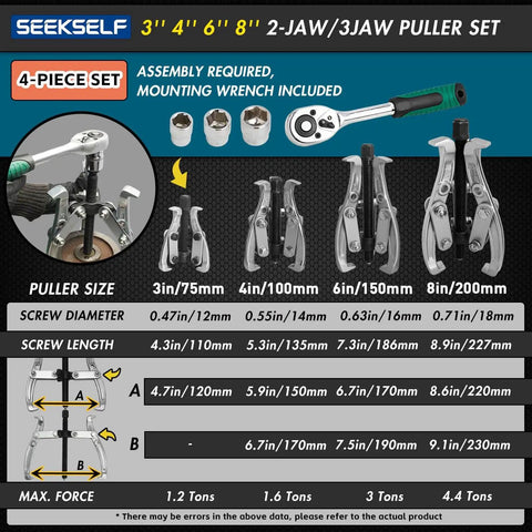 Heavy Duty Gear Puller Set With 2 Jaw And 3 Jaw Options, Ratchet Wrench And Sockets, CrV Steel, 3-8 Inch Sizes, Tool Assembly Diagram