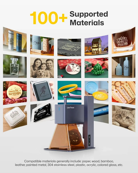 Powerful Portable Laser Engraver With Rotary Roller For Wood Metal Leather And Acrylic Engraving And Cutting Slick Handheld Or Desktop Use With Fast Galvo Tech And Ultra Fine 0.05 mm Detail LP2 Model From LaserPecker with various engraved materials.