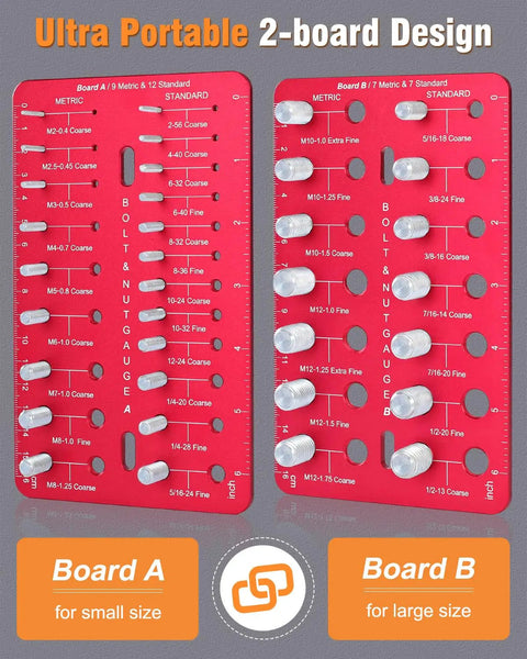 Ultimate Nut And Bolt Thread Checker With 35 Size Gauge 16 Metric And 25 Standard Sizes Pro Grade Bolt size finder showing dual boards for thread sizes.