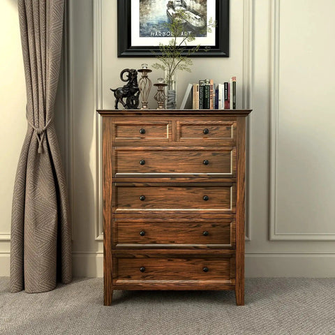 Wooden dresser with 10 Pack Black Round Mushroom Cabinet Knobs For Dresser And Drawer 1.5 Inch Diameter in a cozy room setting.