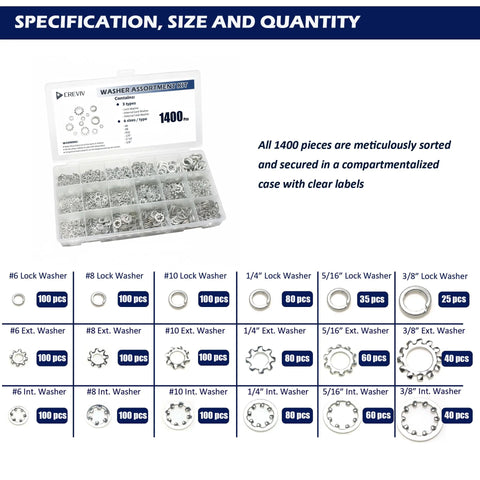 Washer assortment kit in a clear plastic case; CREVIV, carbon steel zinc-plated lock and internal/external tooth washers, 1400 pcs, sizes #6–#10 and 1/4–3/8 in.