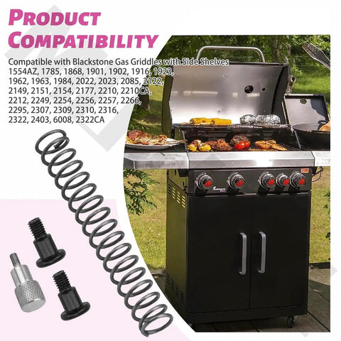 Locking Pin And Spring Kit For Blackstone Griddles With Flexfold Legs shown with outdoor grill and compatibility list