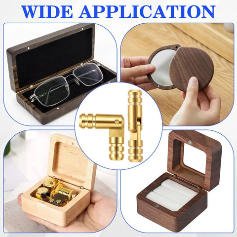 Brass Hidden Barrel Hinges 18 Pcs For Wood DIY Projects, Mini Cylinder Concealed Hinges showcased with wooden boxes
