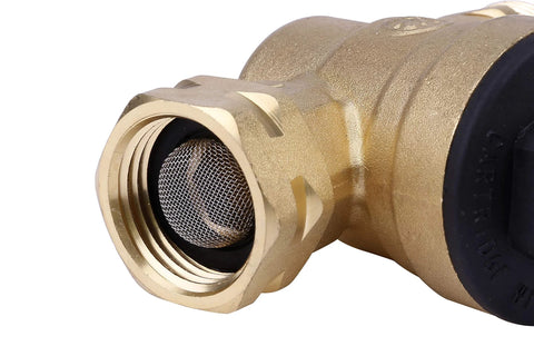 Brass RV water pressure regulator with mesh screen inlet and 3/4-inch connection