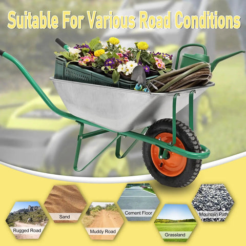 Wheelbarrow with 13 Inch Flat Free Wheel Set With 5/8 Inch Bearings And 2.17 Inch Offset Hub, suitable for rugged and smooth terrains