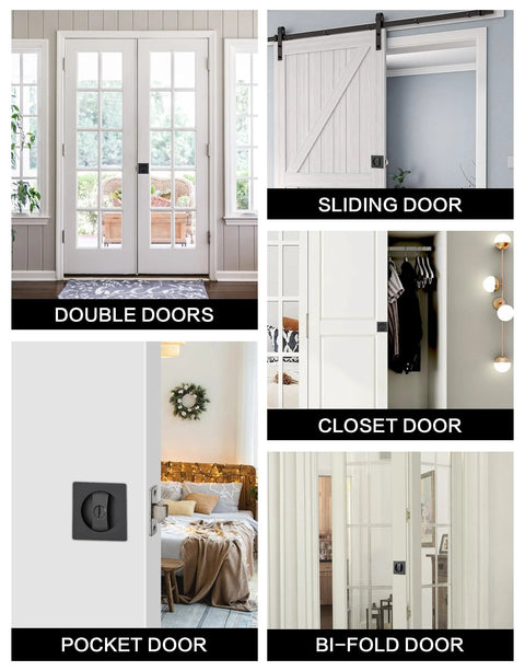 Matte Black Pocket Door Hardware Kit With Privacy Lock For Sliding Doors, Sleek Modern Square Pocket Door Lock And Latch, Fits Standard Door Thickness 1 3 8 To 1 15 16 Inches, For Bathroom And Bedroom, 1 Pack installed on interior pocket door