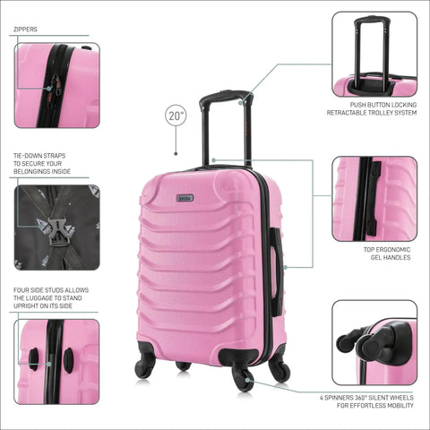 Durable Pink 20 Inch Carry On Lightweight Hardside Luggage With Spinner Wheels And Trolley Handle From InUSA, shown with features