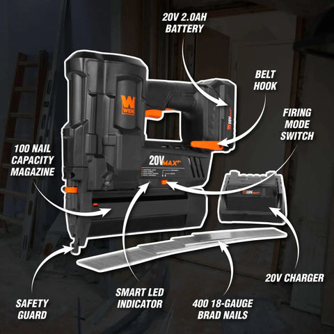 Cordless 20V Max 18 Gauge Brad Nailer with 2.0Ah Battery, charger, 100 nail magazine capacity, no air hose, 400 brad nails