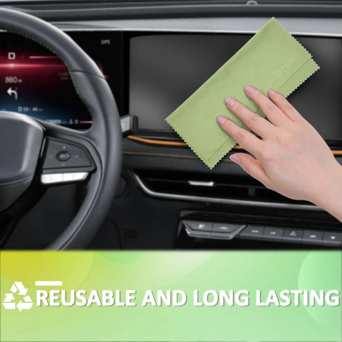Hand using Premium Microfiber Cleaning Cloths 12 Pack For Glasses Cameras And Screens on car display