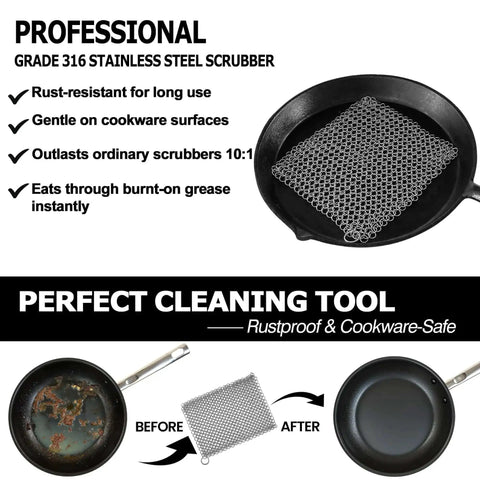 Cast Iron Scrubber With Stainless Steel Chainmail, 8x6 Inch Skillet Cleaner in a cast iron pan, highlighting cleaning effectiveness.