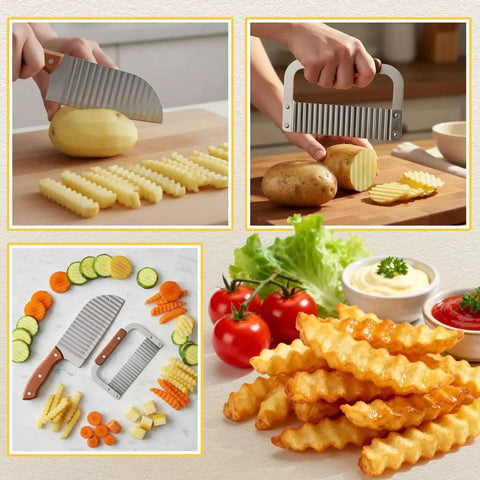 2 Piece Crinkle Cutter Set for Potatoes and Veggies With Stainless Steel Wavy Blades and Wooden Handles shown cutting vegetables and fries.