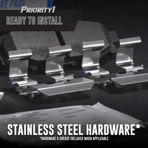 Priority1 close-up of stainless steel brake hardware kit with clips and springs for rear brakes