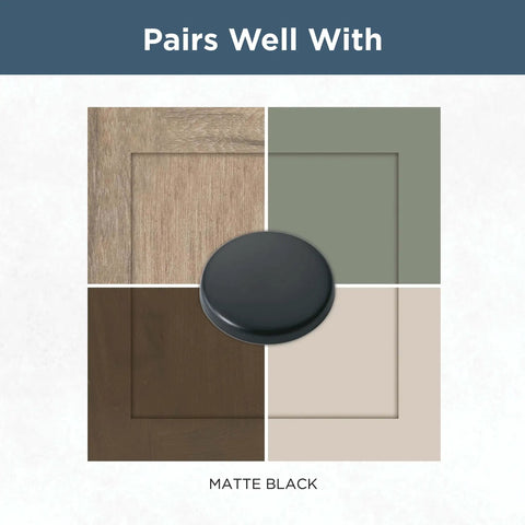 Matte Black Cabinet Knobs Set Five Pack One And One Quarter Inch Round For Dressers And Drawers Kitchen Cabinets Vanity Furniture And Closet Doors Durable Metal Hardware For Easy Weekend Update Franklin Brass against color palette.